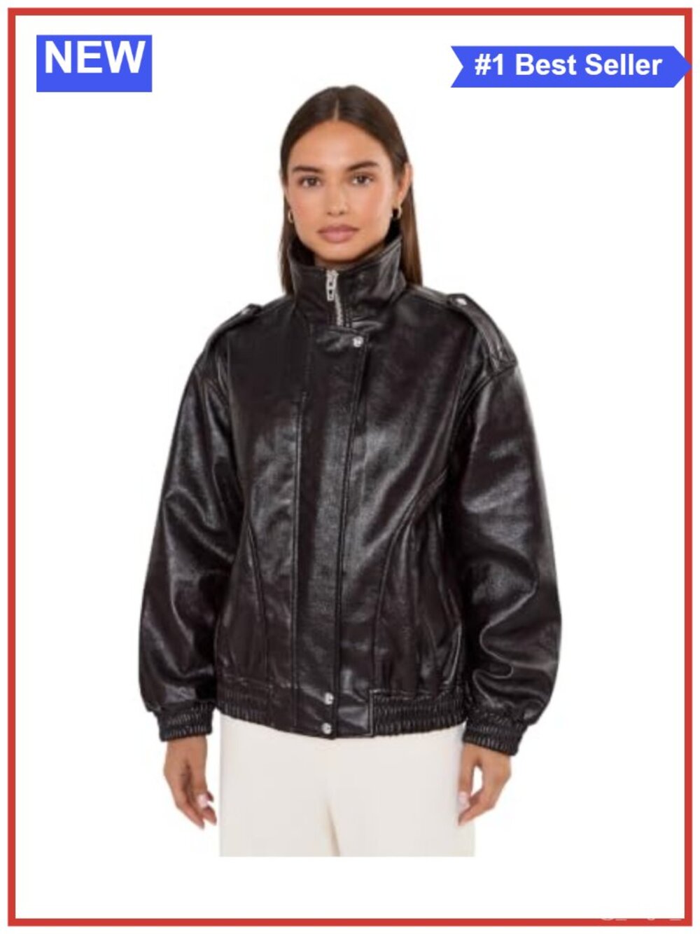 Patent Vegan Leather Bomber Jacket Zip Band Collar Long Sleeve